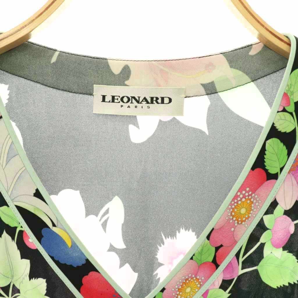 レオナール LEONARD PARIS 花柄ワンピース Vネック 総柄 48 黒 マルチ
