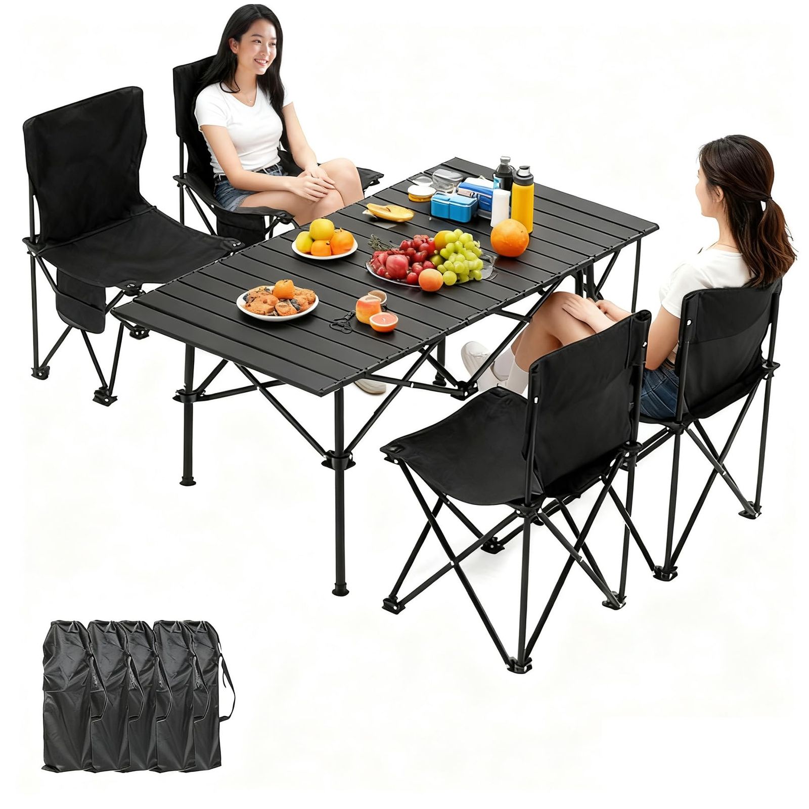 アウトドア テーブル チェア セット 超軽量 キャンプ テーブル57cm×95cm×50cm ピクニックテーブル 超軽量 折り畳み 組立簡単 収納バッグ付き BBQ お釣り ガーデン キャンプ用品(ブラック, 5点セット)★ e39ed74b