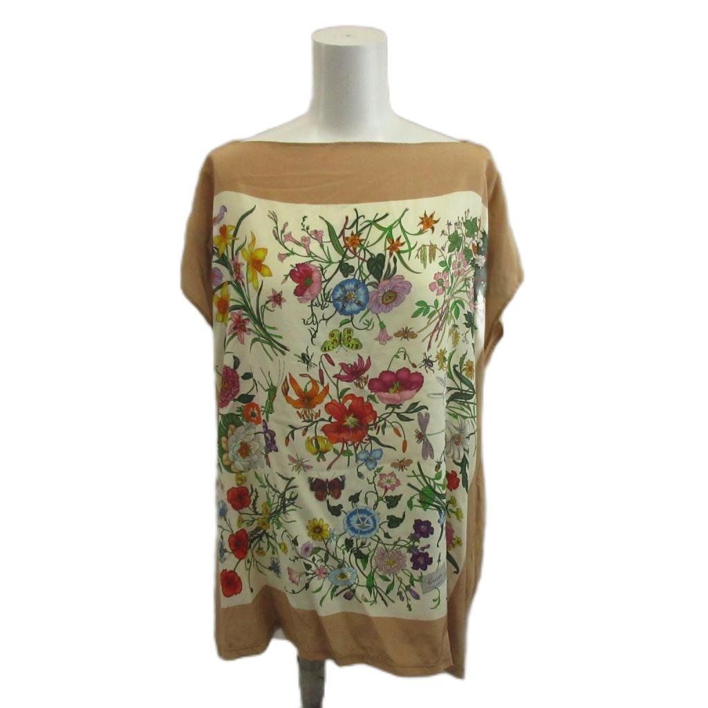 グッチ GUCCI カットソー 絹 シルク 日本限定品 フローラ50周年 オレンジベージュ 花柄 ボートネック 半袖 /AY ■GY62