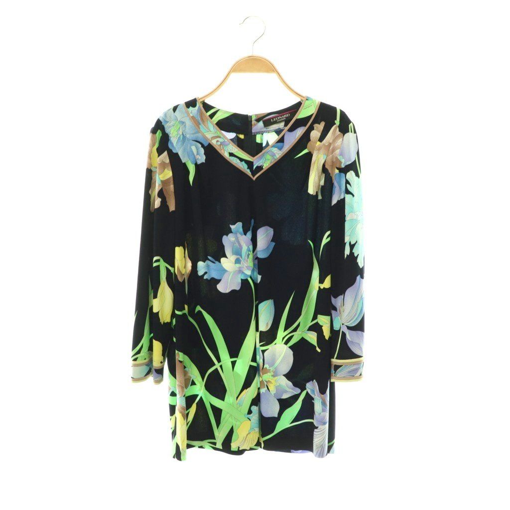 レオナール LEONARD ファッション FASHION 花柄ワンピース ミニ Vネック ロゴ 42 紺 マルチカラー /CX ■ECD004