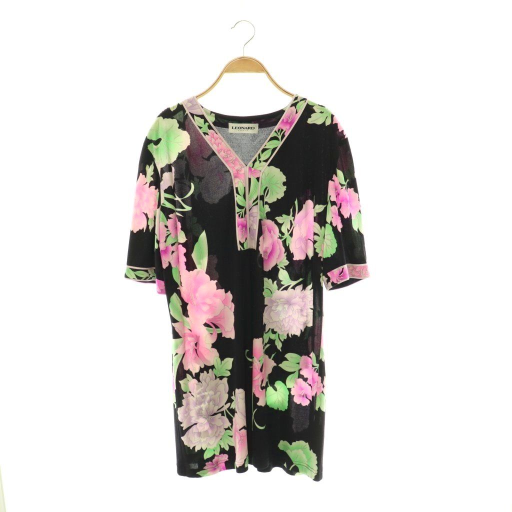 レオナール LEONARD ファッション FASHION 花柄ワンピース Vネック シルク ロゴ シアー 48 紺 マルチカラー /CX ■ECD004
