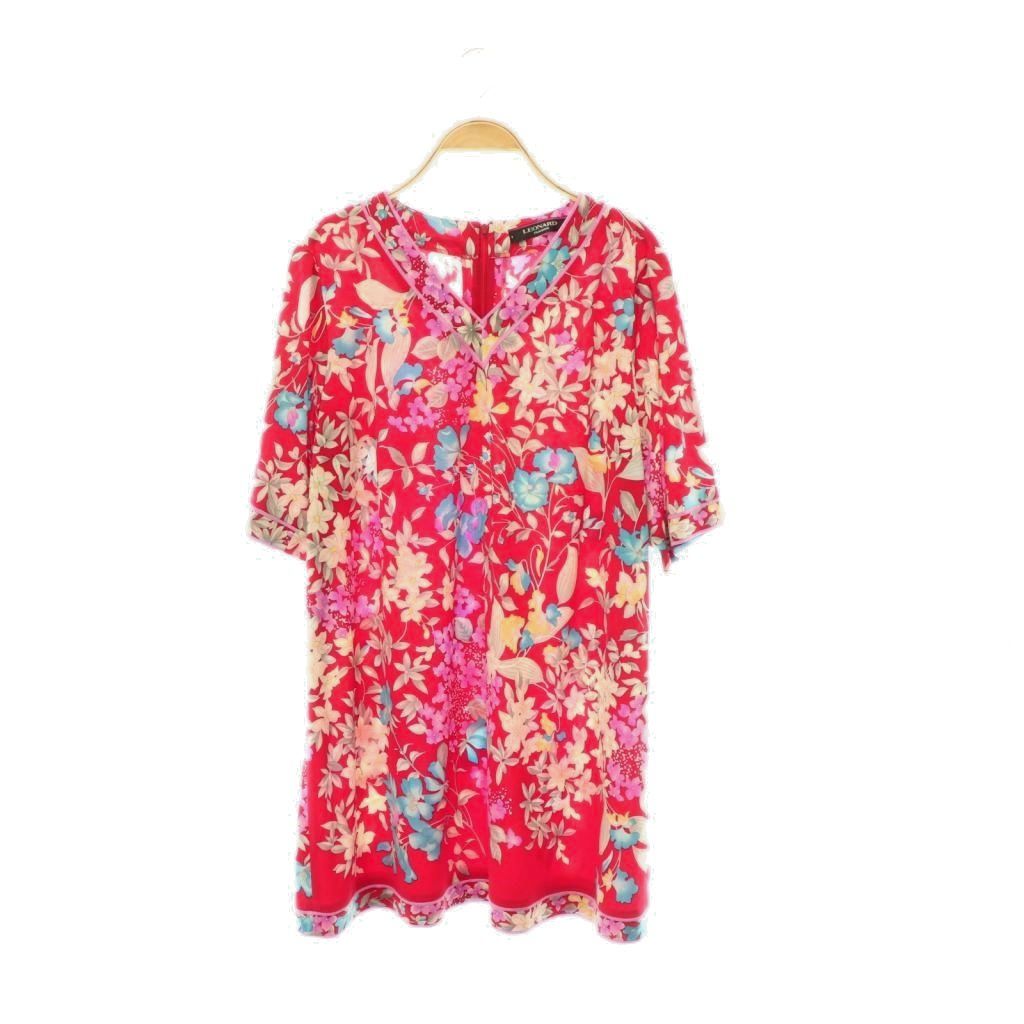 レオナール LEONARD ファッション FASHION 花柄ワンピース Vネック ロゴ ストレッチ 44 赤 マルチカラー /CX ■ECD004