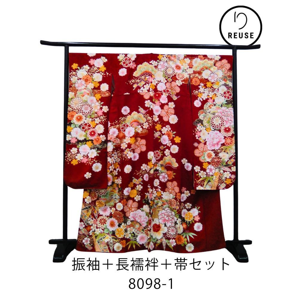 【リユース】振袖セット 3点◆赤地 豪華古典総柄 牡丹 菊◆成人式 卒業式 結婚式 8098-1