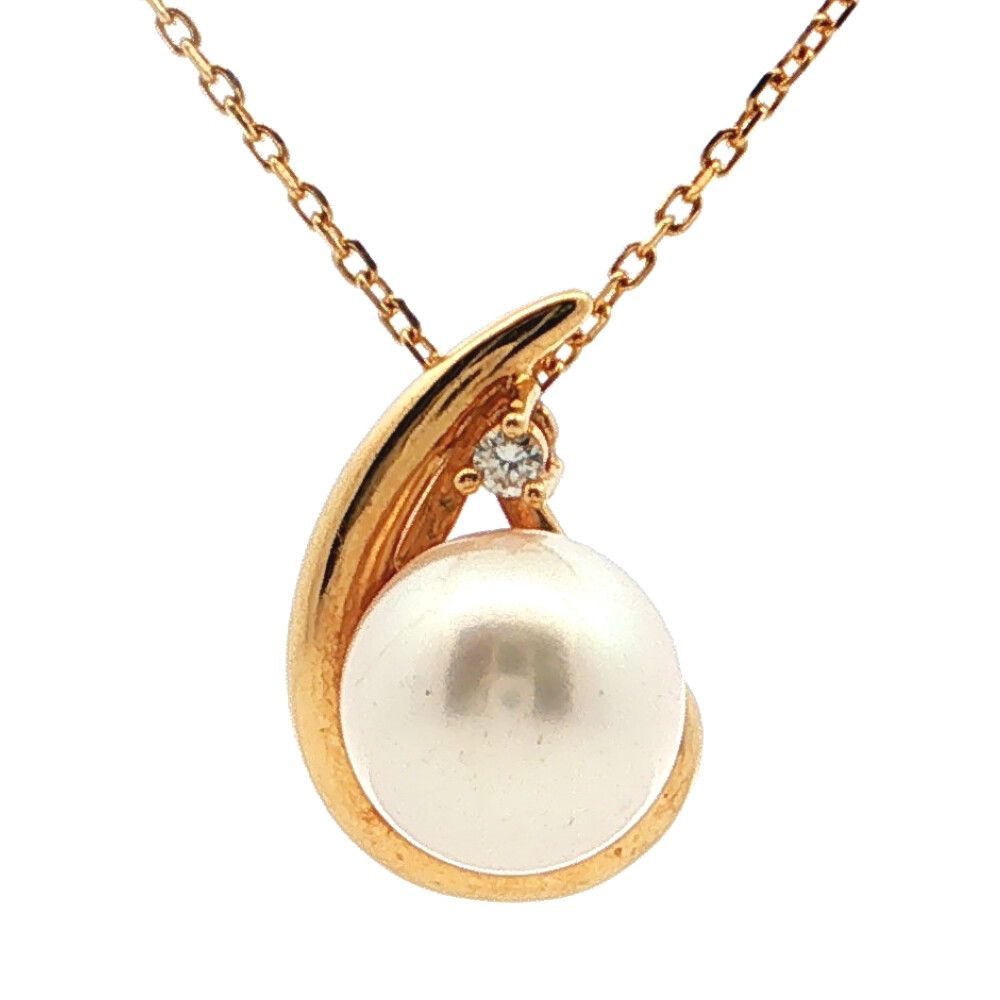 7.3mm 0.01ct TASAKI タサキ 田崎真珠 6月誕生石 アコヤ真珠 養殖パール ダイヤネックレス K18YG/750-2.8g イエローゴールド【♀】【S】【レディース】★■615141【中古】