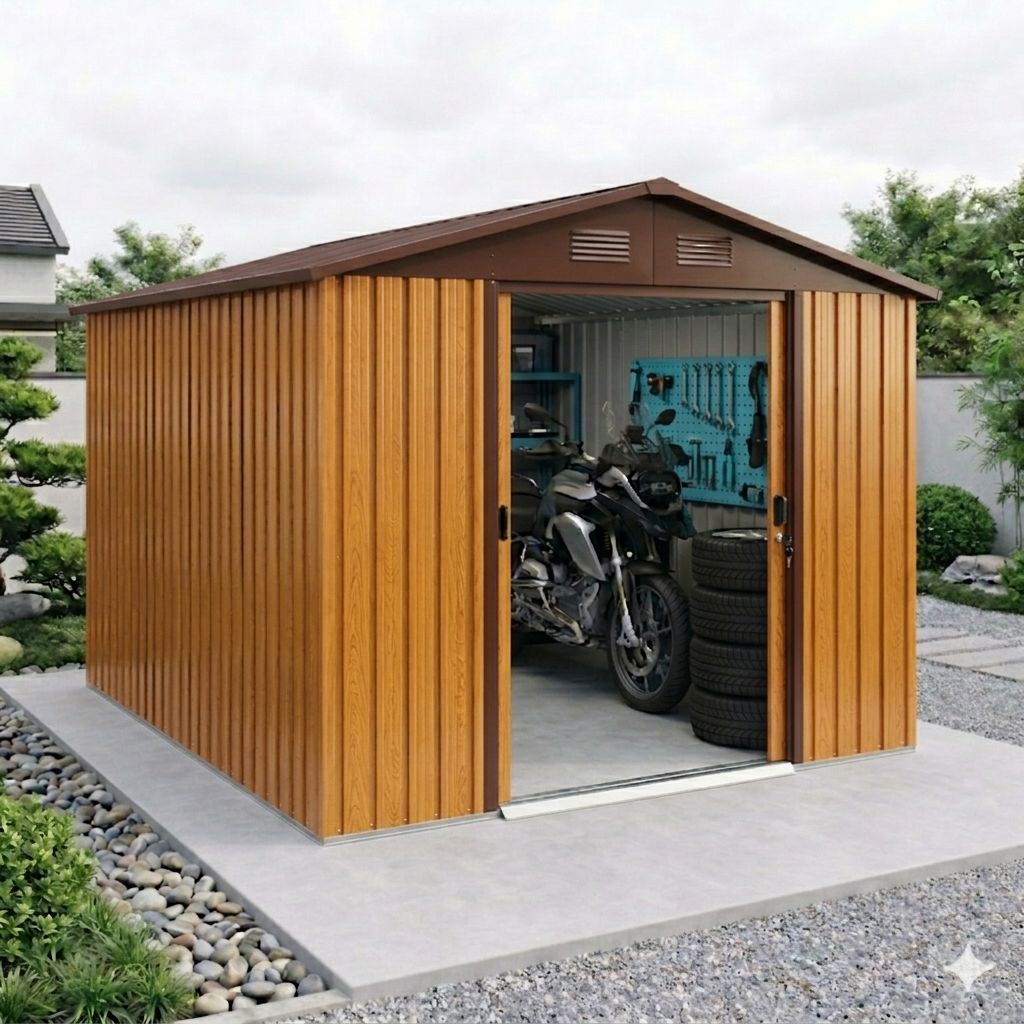 【超大型モデル｜限定価格】物置 屋外 大型 スチール物置 幅236×奥行303×高さ190cm 超大容量 引き戸両開き 防水 防さび 換気口付き 屋外収納庫 ガーデニング収納 自転車収納 DIY工具収納 ベランダ収納 倉庫 庭用収納庫 高耐久 BROWN