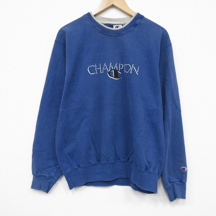 L/古着 チャンピオン champion 長袖 スウェット メンズ 90年代 90s ビッグロゴ 刺繍 クルーネック 青【spe】 26apr28
