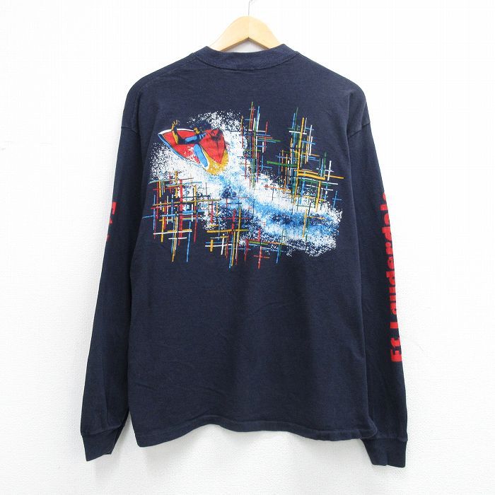XL/古着 長袖 ビンテージ Tシャツ メンズ 70年代 70s サーフィン Lauderdale 胸ポケット付き コットン クルーネック USA製 濃紺【spe】 26apr28