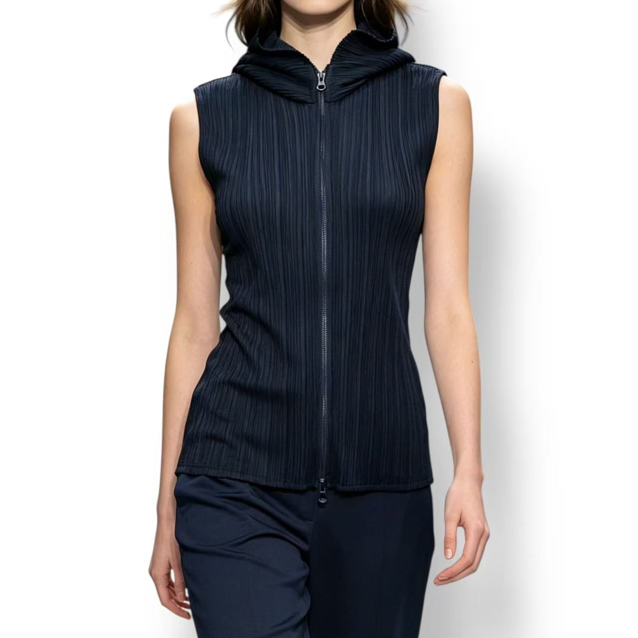 極美品 ISSEY MIYAKE イッセイミヤケ PLEATS PLEASE プリーツプリーズ ベスト パーカー ジップアップ ダブルジップ ネイビー サイズ5