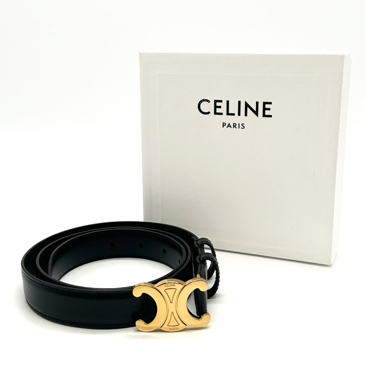 CELINE トリオンフベルト 85 ブラック 美品 箱付き 人気 CELINE セリーヌ トリオンフ ベルト 85 ブラック×ゴールド レザー ユニ