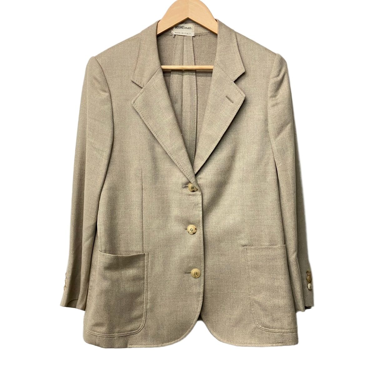 HERMES(エルメス) ジャケット サイズ42 L レディース美品 - ベージュ 長袖/カシミヤ混/肩パッド/春/秋