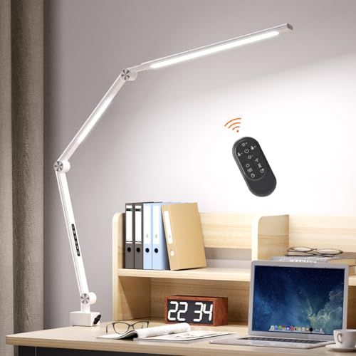 デスクライト LED スタンドライト 22 W・ダブル光源・2400 lx・無段階調光調色・10 m対応リモコン・60 秒遅延自動消灯・ポモドーロモード・高演色性Ra95 クランプ付き 強化アルミ合金 折り畳み 多角度調節 卓上ライト 目に優 efbb1679