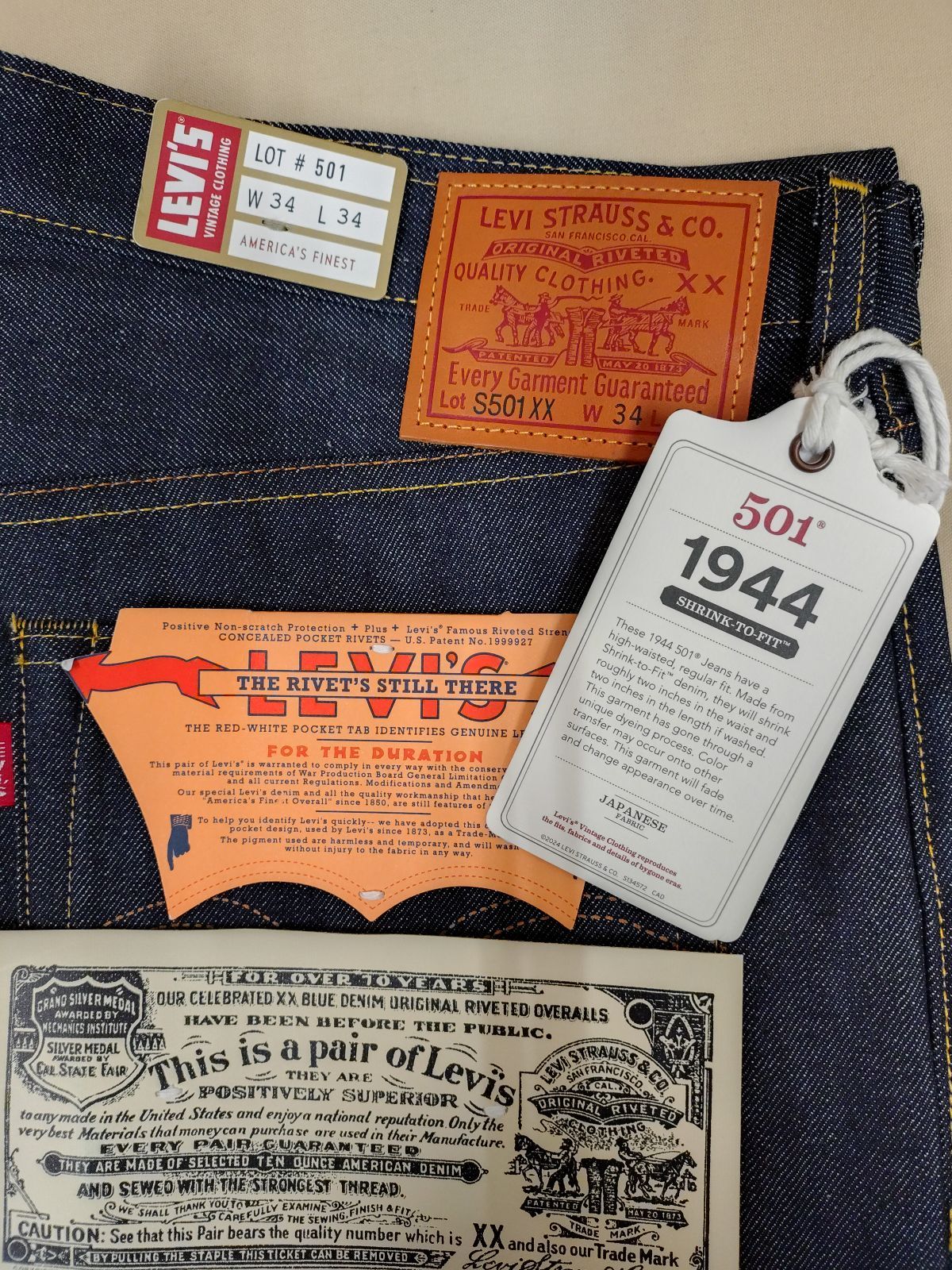 Levis LVC S501XX 1944年大戦モデル W34 L34 LVC 1944年S501XX大戦モデル w34インチL34 リジッド