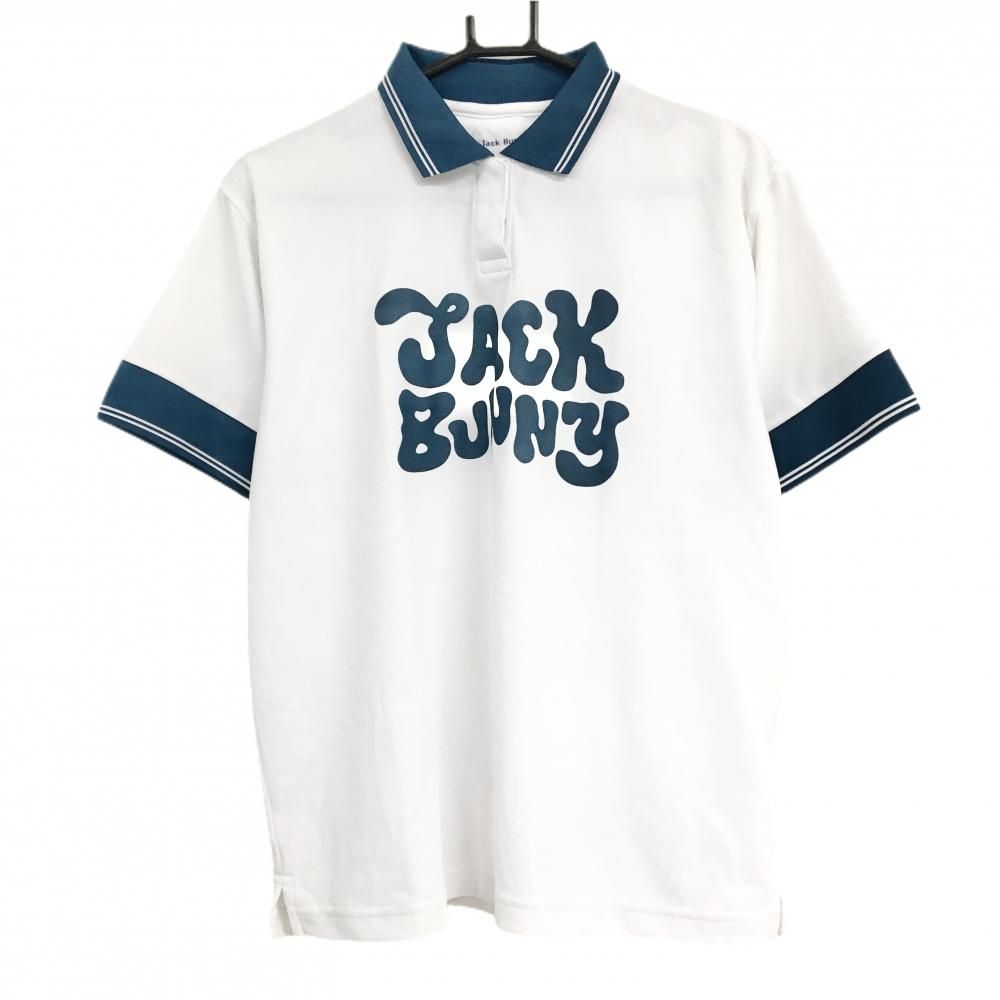 【超美品】ジャックバニー 半袖ポロシャツ 白×グリーン ビッグロゴ レディース 2(L) ゴルフウェア 2025年モデル Jack Bunny