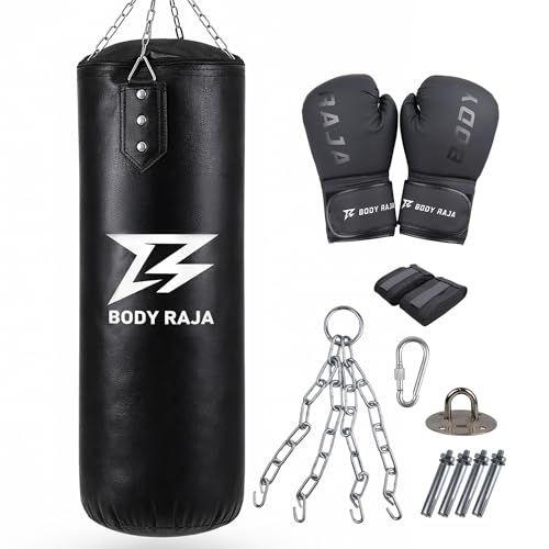 [BODY RAJA] サンドバッグ 吊り下げ式 未充填 100cm ボクシングバッグ 自宅用 トレーニングバッグ グローブ付き バンテージ付き フルセット パンチングバッグ キックボクシング フィットネス ストレス発散 エクササイズ 室内運 c301636f
