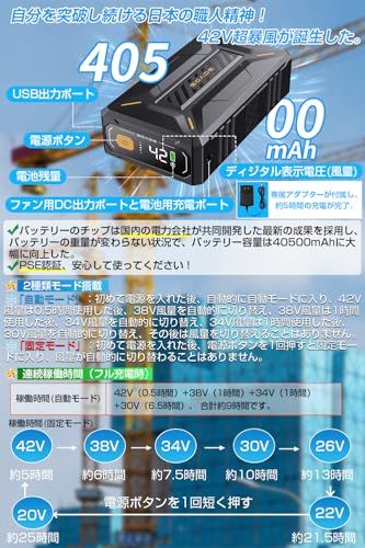 【42V超高出力 40500mAhバッテリー】空調作業服 ファンバッテリーセット 日本製ブラシレスモーター 最大25時間連続稼働 7段階風量調節 2種類モード搭載 PSE認証済 ベスト 半袖 長袖専用 9cm作業服対応 日本語説明書付き[日本国内ブランド正規Y