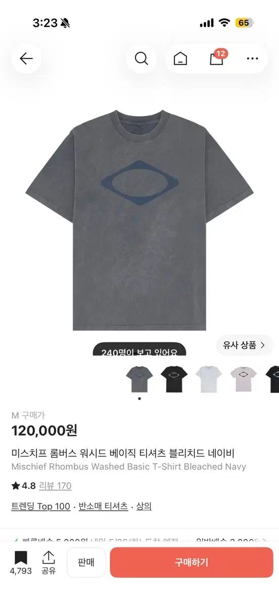ミスチーフ 롬버스 ウォッシュド Tシャツ ネイビー
