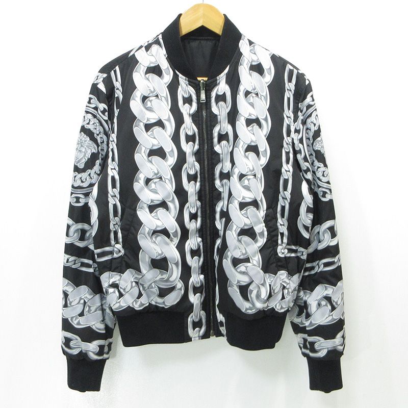 【三重本店】 中古 VERSACE | ヴェルサーチ MEDUSA メドゥーサチェーンリバーシブルボンバージャケット リバーシブル総柄中綿ジャケット ミリタリージャケット 1018824 ブラック×グレー サイズ：46 【108】