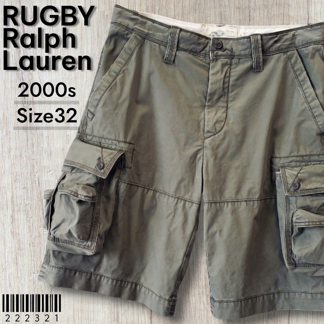 RUGBY RALPH LAUREN ラグビー ラルフローレン■美品 廃版 2000s サープラス コットンポプリン ミリタリー カーゴ ショーツ W32 オリーブ USED加工 ギミック パラシュート ハーフパンツ