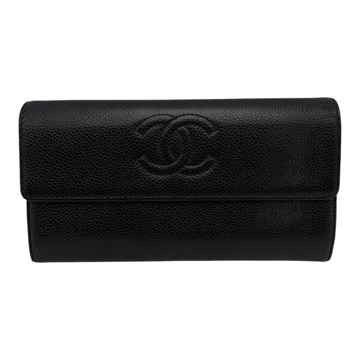 CHANEL シャネル キャビアスキン 長財布 レザー ブラック レディース おしゃれ 小銭入れ カード入れ ブランド 中古 W４