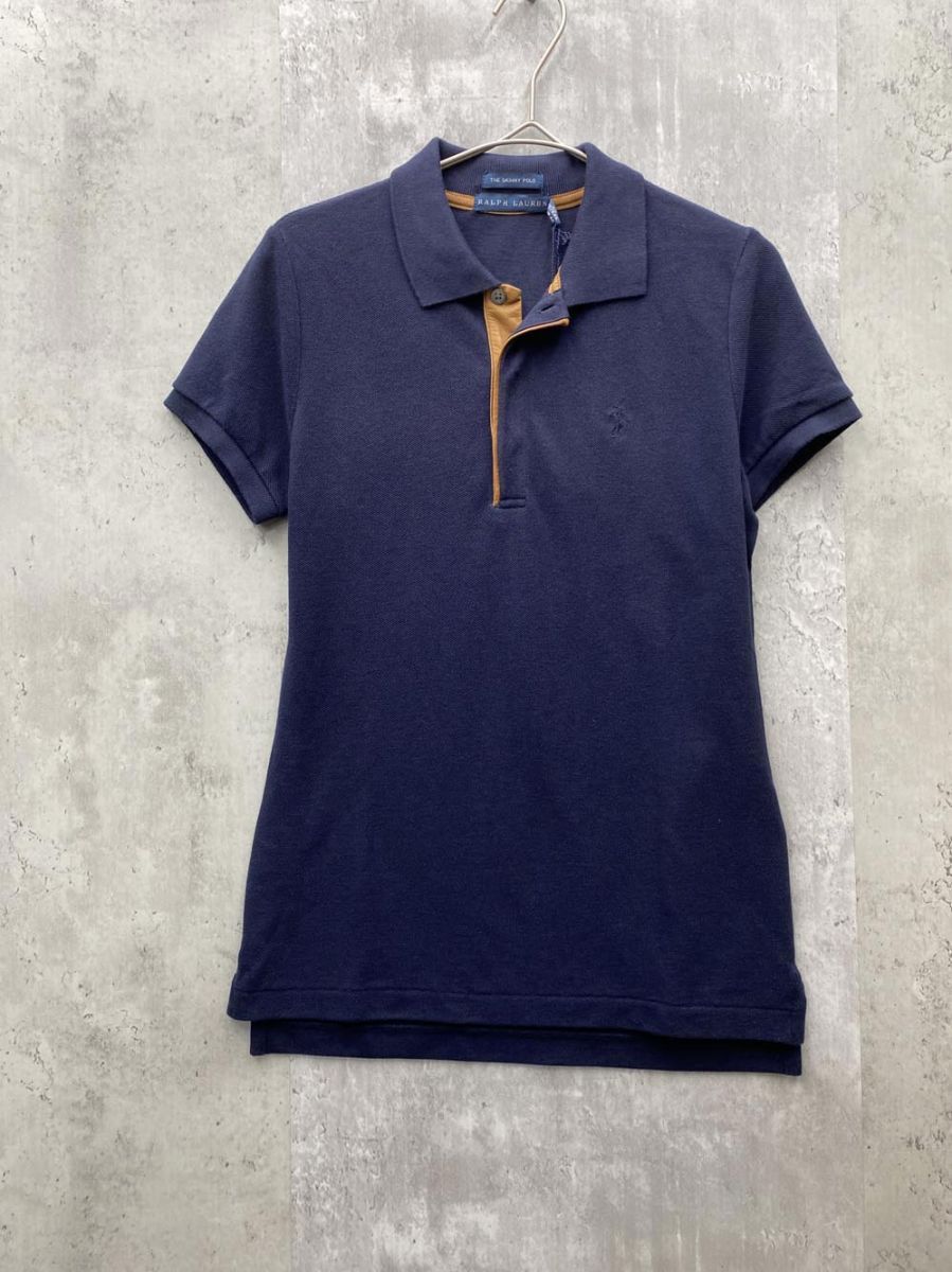 新品 RALPH LAUREN ラルフローレン レザーディテール スキニーフィット半袖 ポロシャツ sizeXS/ネイビー ■◆◎レディース