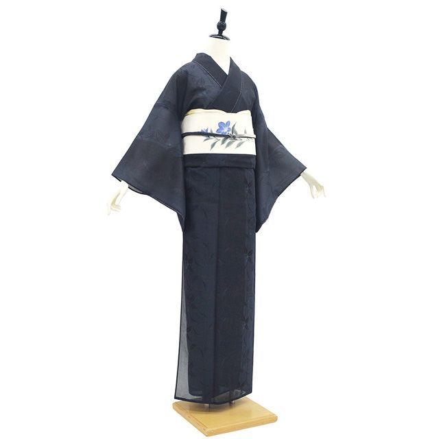 新古品】 夏物 夏大島 着物 単衣 未使用 正絹 紗紬 十日町 黒 紺 葉 実