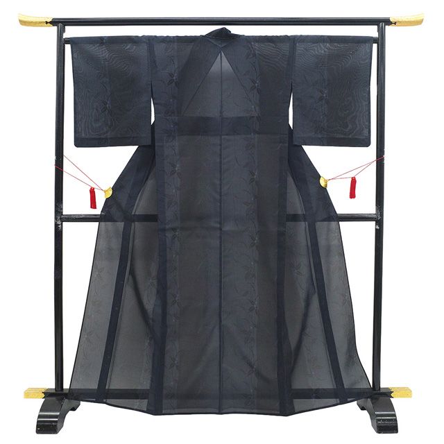 新古品】 夏物 夏大島 着物 単衣 未使用 正絹 紗紬 十日町 黒 紺 葉 実