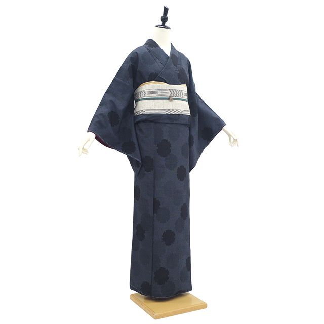 塩沢 塩澤 春秋の単衣 着物 100亀甲 麻の葉 裄65 Ｍ 中古 sn1907 新古品】 塩沢 着物 未使用 正絹 袷 塩澤 紺 ネイビー 黒 雪輪 100亀甲
