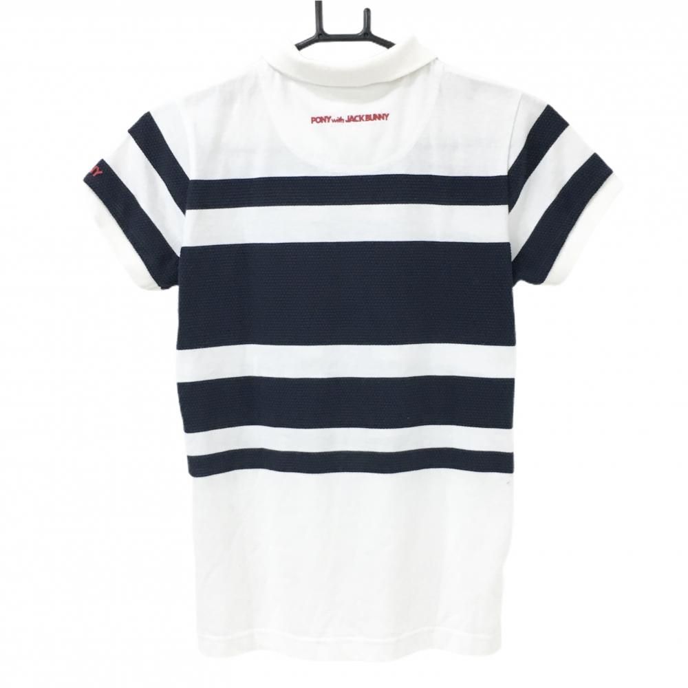 【Jack Bunny!!】半袖ポロシャツ 白×青ボーダー レディース 2(L) ジャックバニー 半袖ポロシャツ 白×ネイビー ランダムボーダー ロゴ