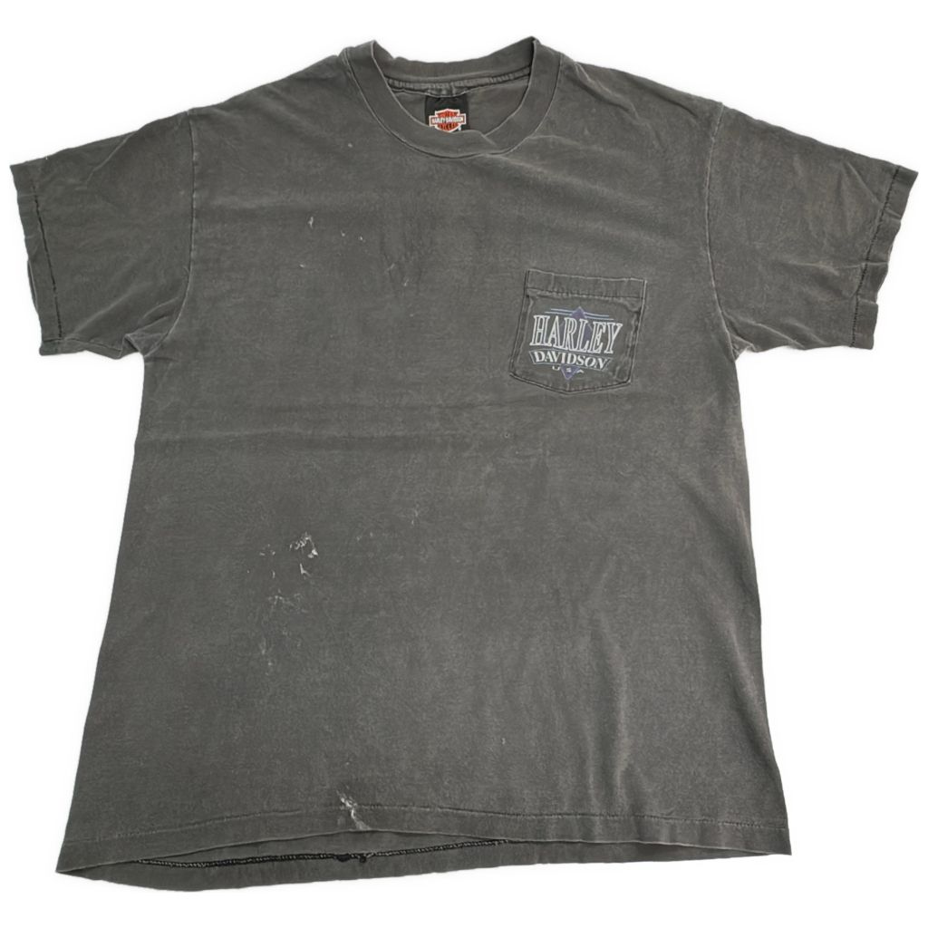 90年代 USA製 HARLEY DAVIDSON ハーレーダビッドソン フェード ポケットＴシャツ モーターサイクル グレー(メンズ L)中古 古着 Y1734