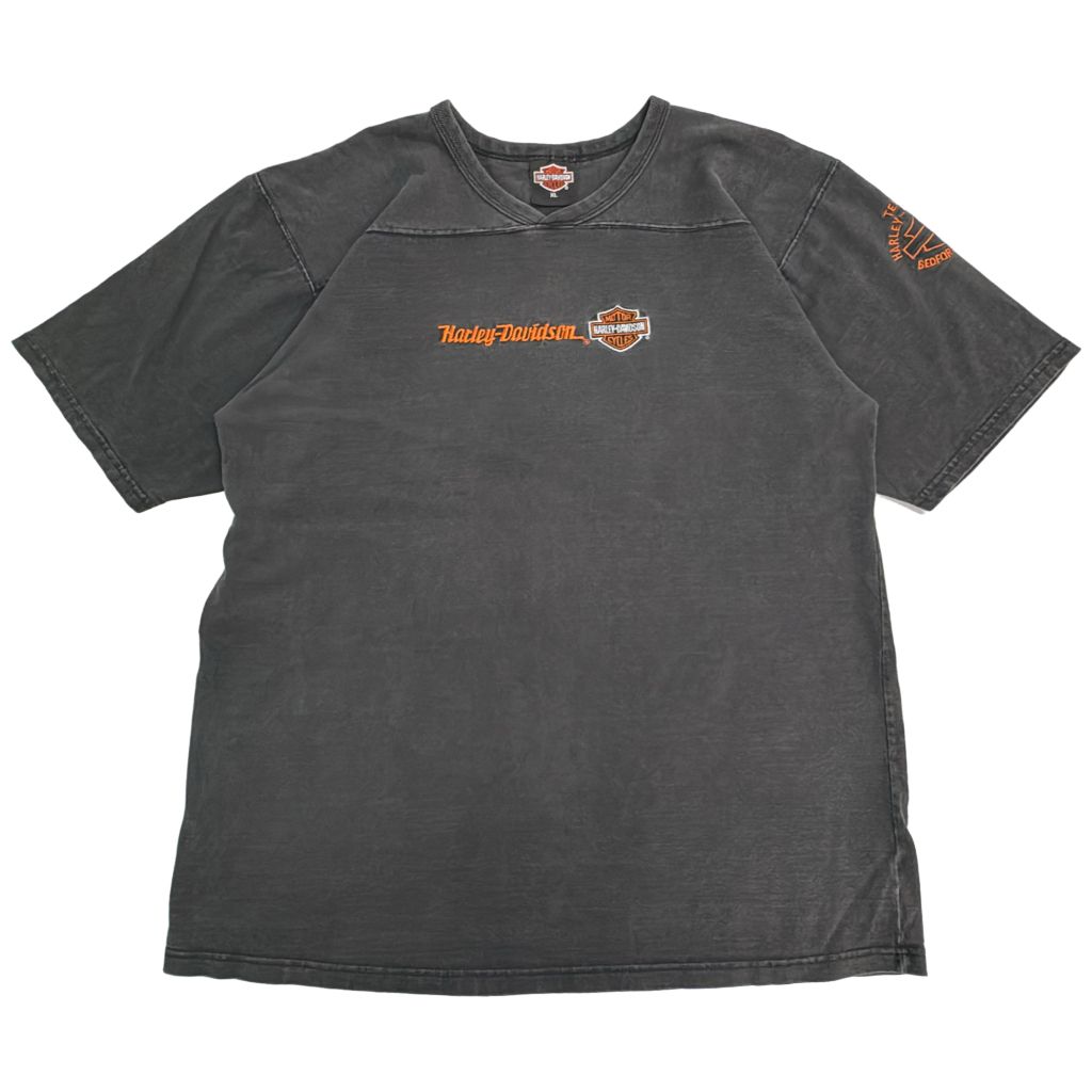 00年代 USA製 HARLEY DAVIDSON ハーレーダビッドソン フットボールＴシャツ モーターサイクル ブラック(メンズ XL)中古 古着 Y1736