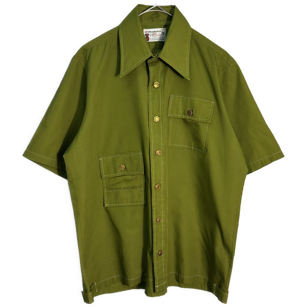70年代 Manhattan THE NUT SHIRT 半袖シャツ ヴィンテージ グリーン(メンズ M)中古 古着 Y1791
