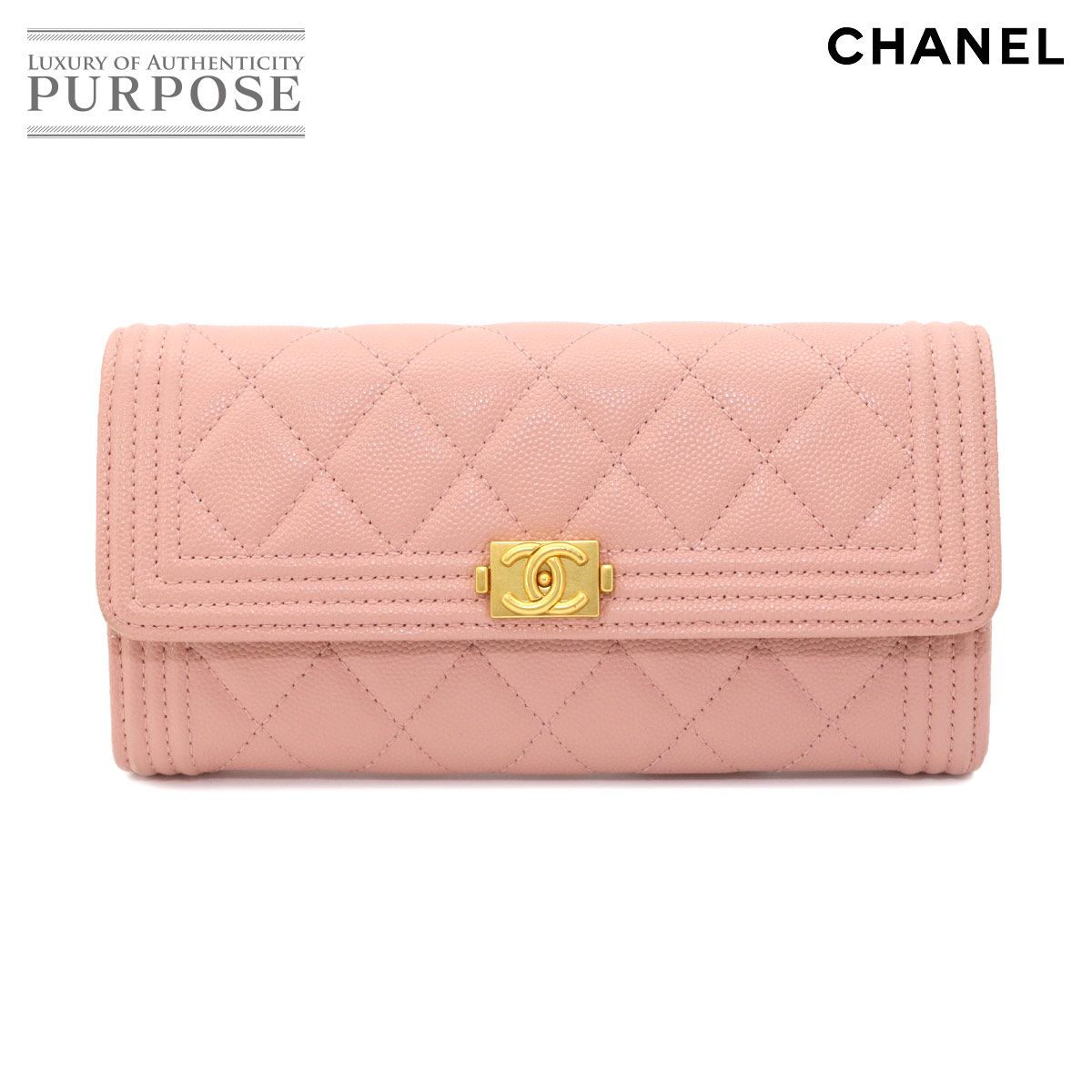シャネル CHANEL ボーイシャネル マトラッセ 二つ折り 長財布 キャビアスキン ピンク A80286 ゴールド 金具 90324005
