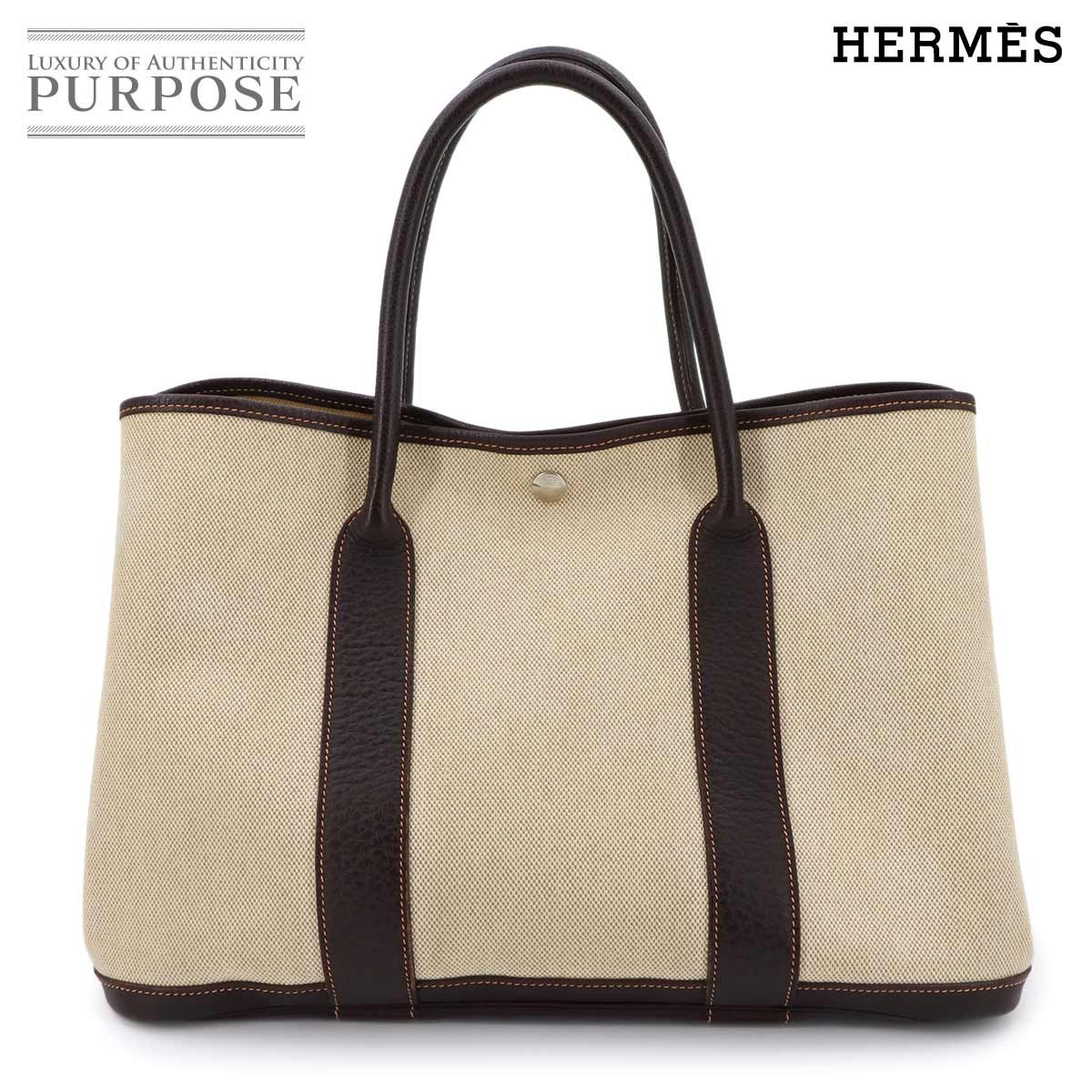 エルメス HERMES ガーデンパーティ 36 PM トート バッグ トワルアッシュ レザー ナチュラル マロン □H刻印 シルバー 金具 90325558 104,500円