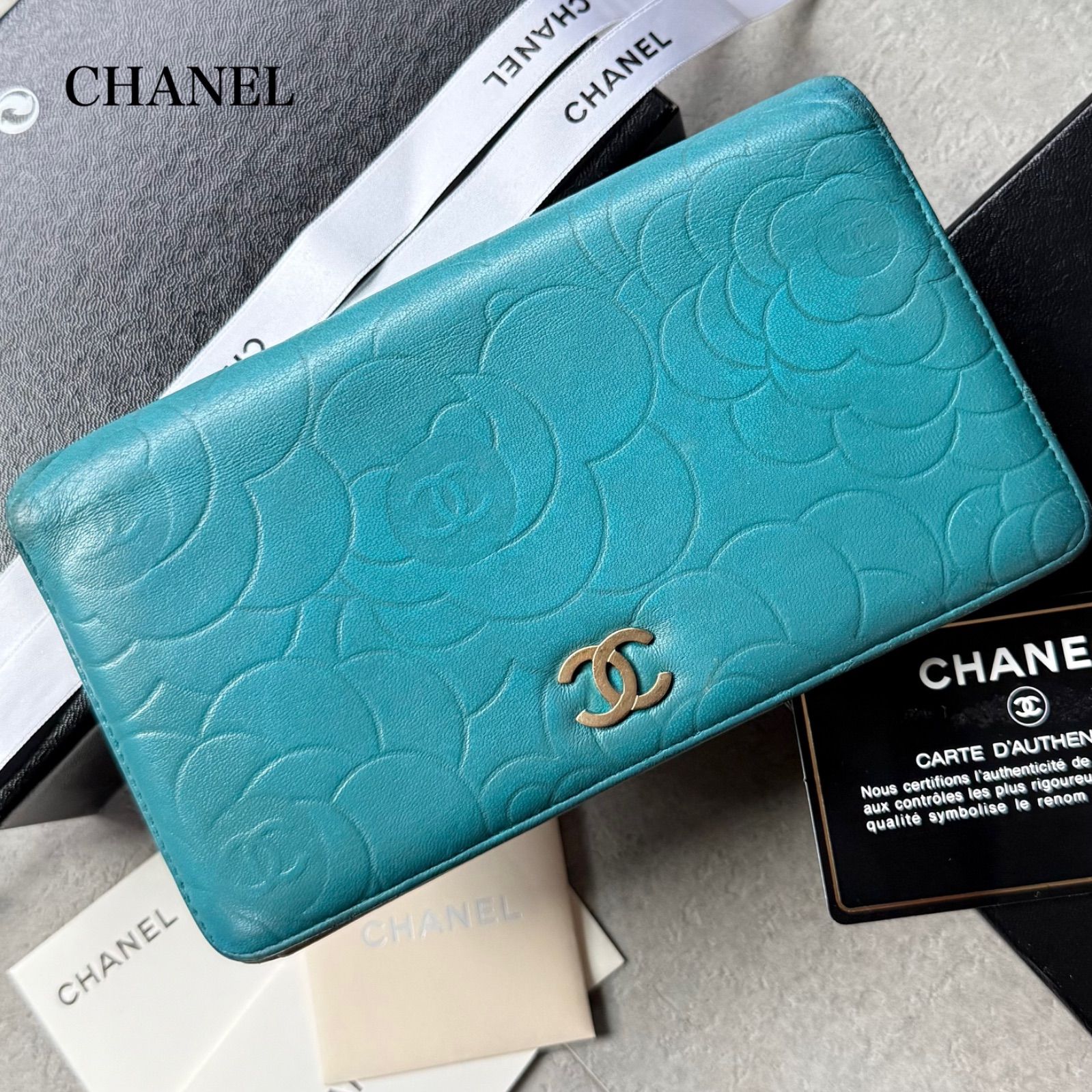 CHANEL シャネル カメリア ココマーク 二つ折り長財布 レザー ターコイズブルー ゴールド金具 ロングウォレット