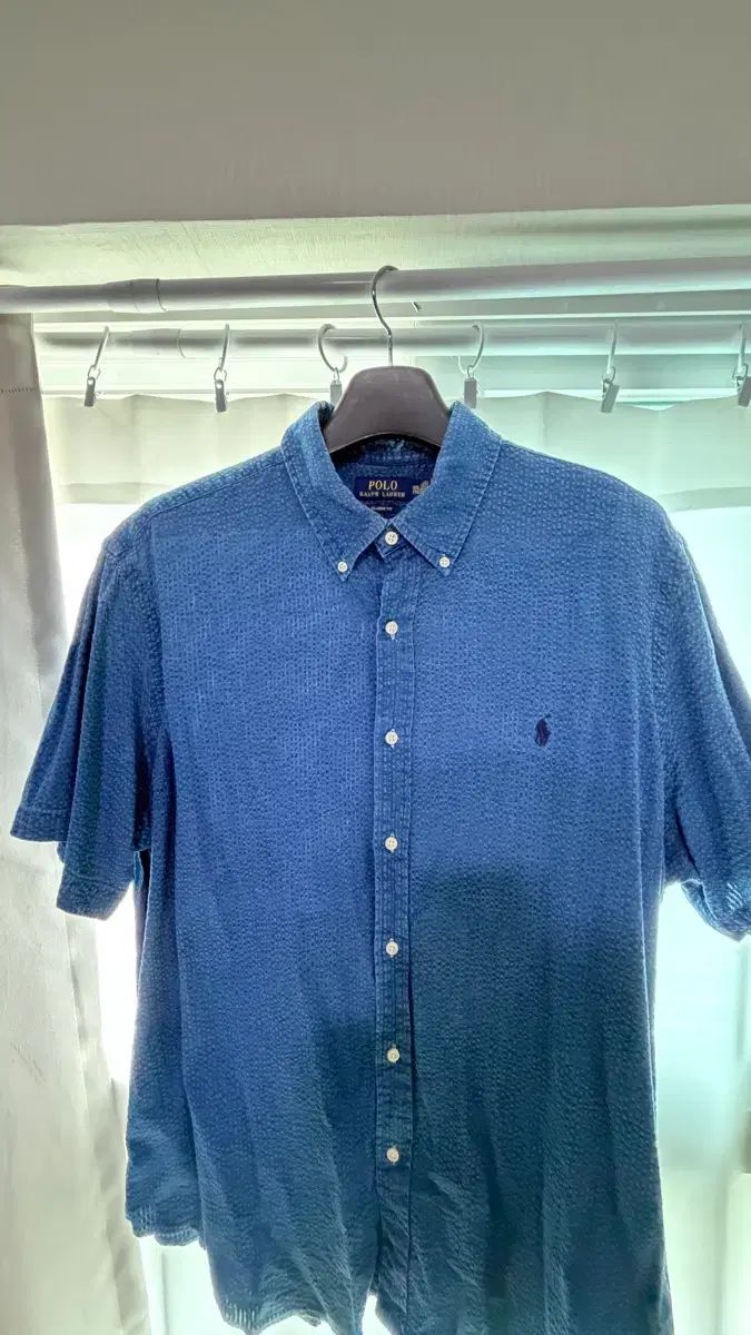 ポロラルフローレン シアサッカー 半袖シャツ クラシックフィット ブルー ネイビー XXL