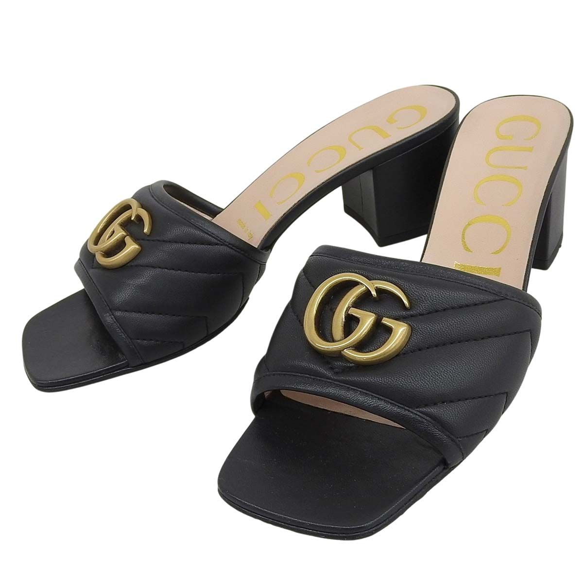 グッチ GUCCI ダブルGマーモント サンダル ミュール レザー ゴールド金具 ブラック サイズ37 1/2 24.5cm レディース