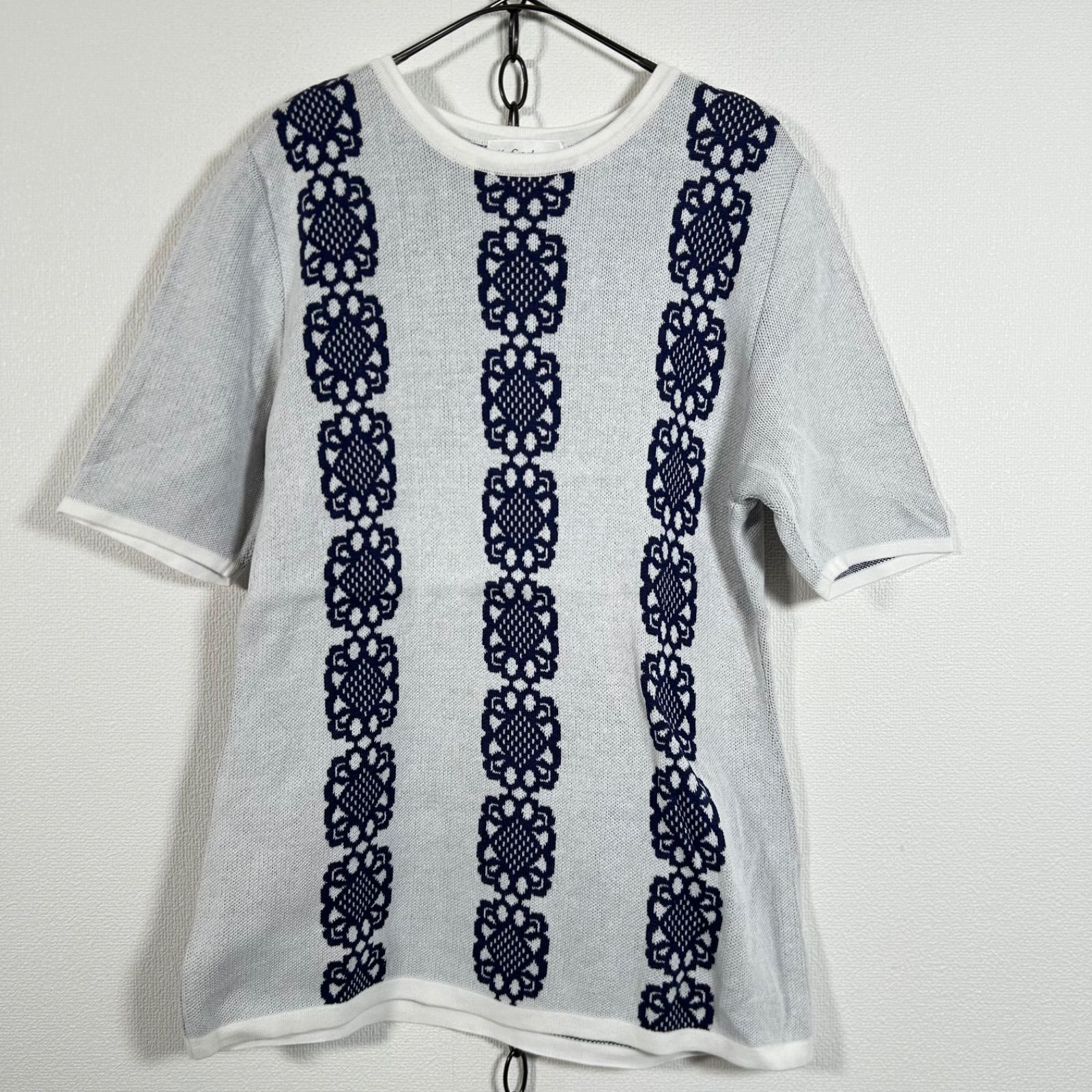 90s Vintage Yves Saint Laurent サマーニット コットン セーター 半袖 カットソー ジャガード Mサイズ 白ホワイト系