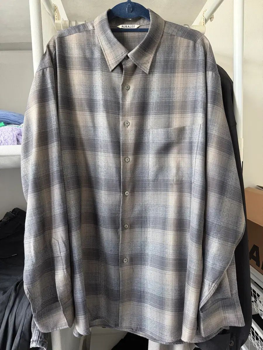 5 オーラリー SUPER LIGHT WOOL CHECK SHIRT チャコールグレー 24AW