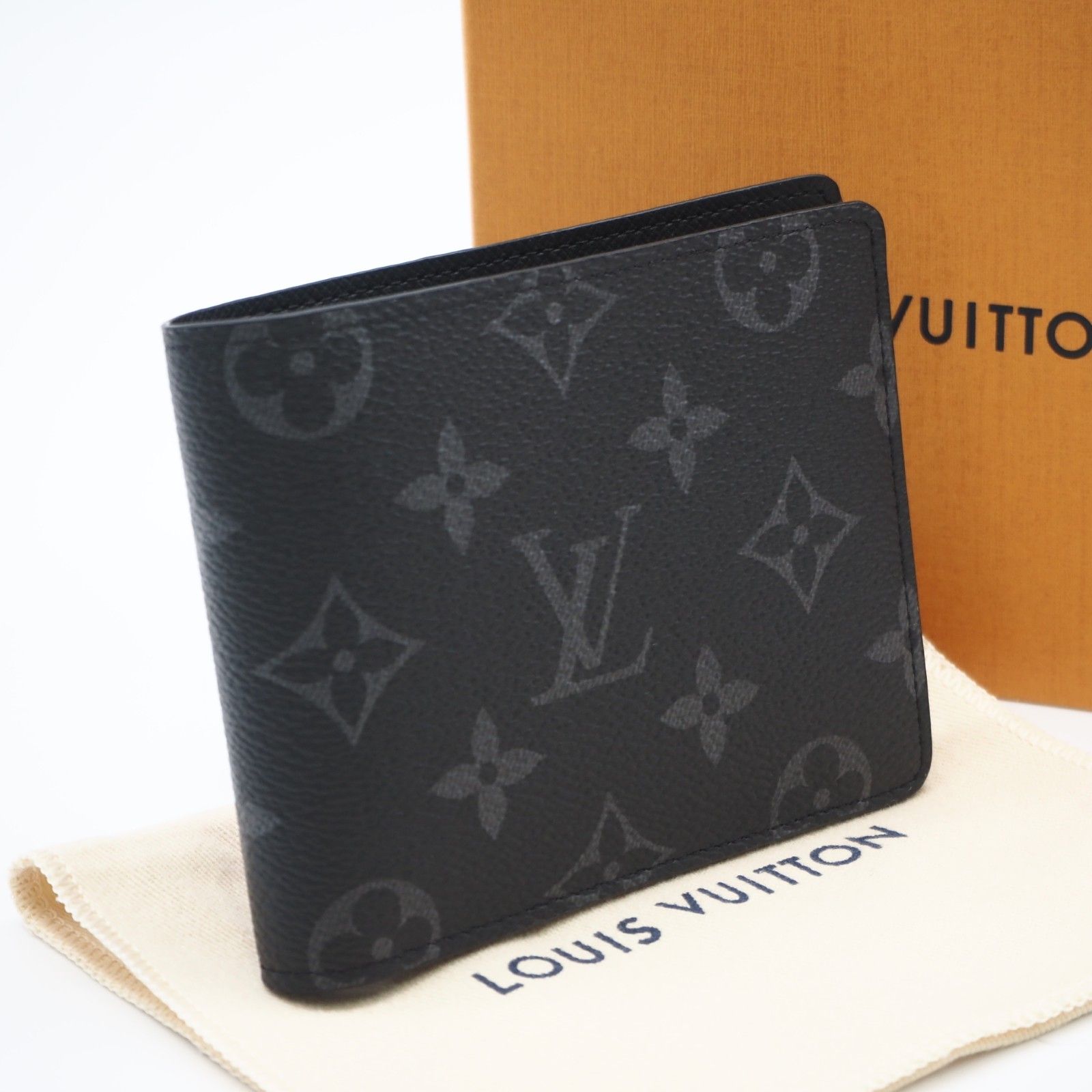 ★3日以内返品可★ 極美品 LOUIS VUITTON ルイ・ヴィトン モノグラム エクリプス ポルトフォイユ スレンダー M62294 二つ折り財布 ブラック グレー コーティングキャンバス レザー メンズ