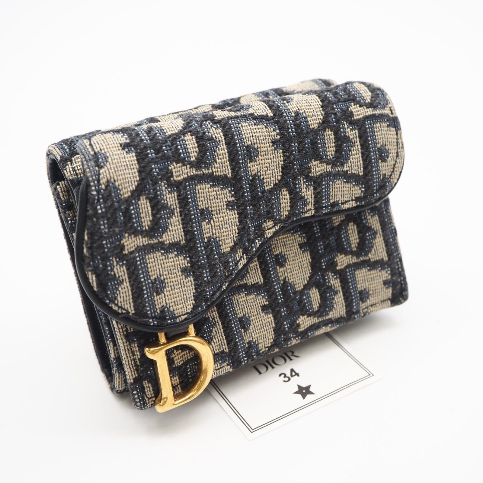 ★3日以内返品可★ 美品 Christian Dior クリスチャンディオール ディオール オブリーク ジャカード サドル コンパクトウォレット - 三つ折り財布 ネイビー ベージュ キャンバス レザー レディース