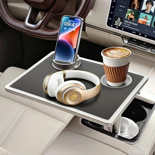 車載テーブル ドリンクホルダーに取付 車 トレイ 助手席/運転席/後部座席対応 車 パソコンテーブル 360°回転 車 机 高さ調整 高級レザー×車規格アルミ カップホルダー＆スマホスタンド付 車中泊・休憩・移動オフィス 車内ランチ 長距離ド 1d0e9c9e