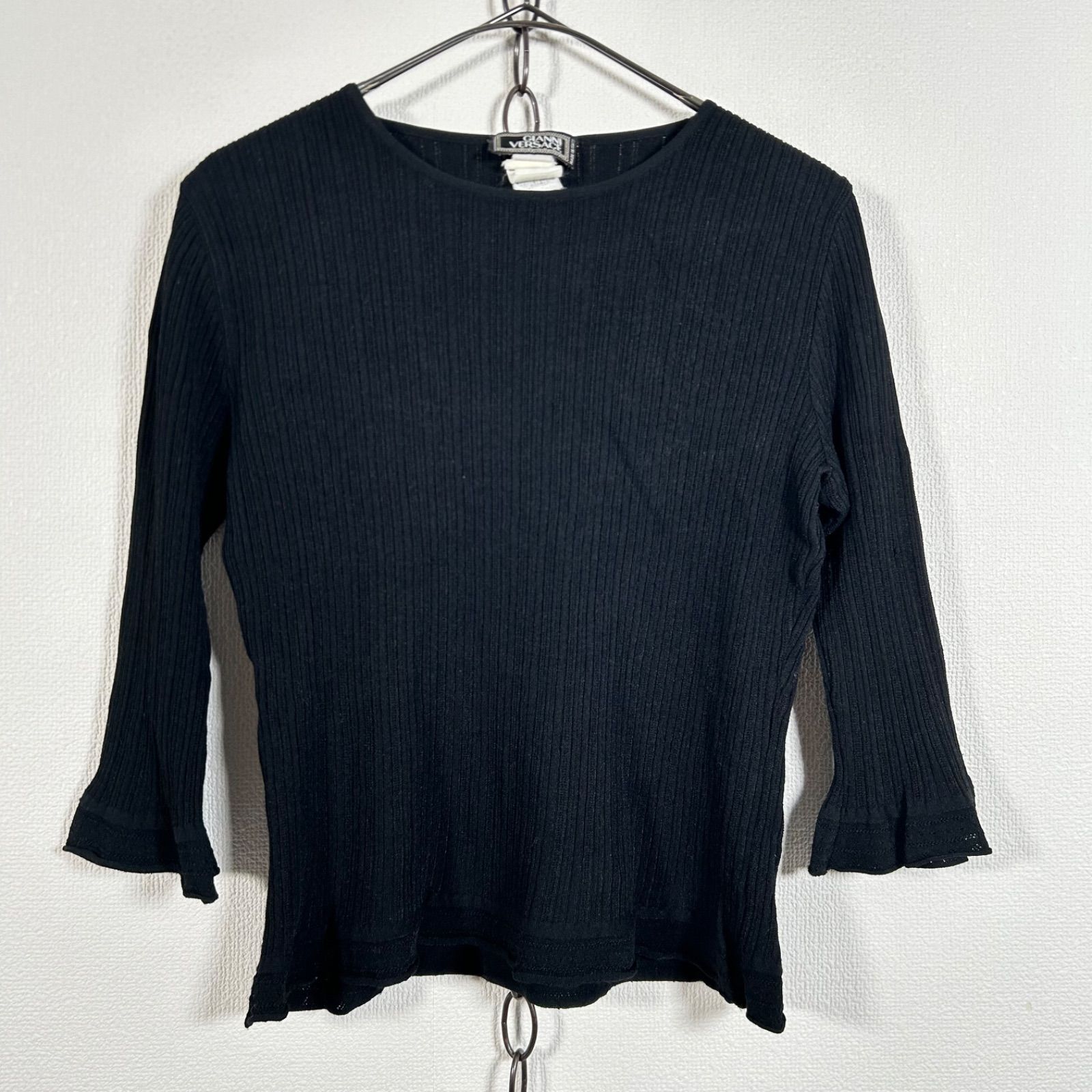 イタリー製 90s Italy Vintage GIANNI VERSACE COUTURE 長袖フレアカットソー リブニット ブラック系 サイズ42