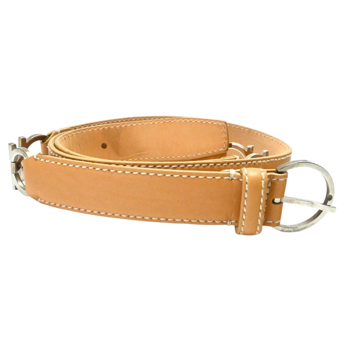 Salvatore Ferragamo サルヴァトーレフェラガモ ガンチーニ レザ― レディース ベルト L ベージュ/シルバー K2605-k097