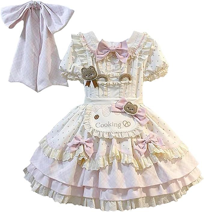 ロリータ系 5点セット メイド服 水玉柄 ワンピース レディース 熊柄 半袖 エプロン リボン フリル ブローチ コスプレ コスチューム 仮装 洋服 Lolita 甘ロリ アイドル メード服 おしゃれ 可愛い 春 夏 秋 冬