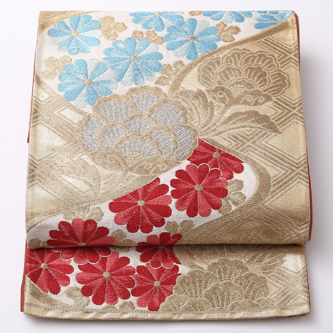 お買い得品!袋帯 帯丈396cm 正絹 六通 フォーマル 唐華 流水 菊 吉祥文様 金系 1243-01509