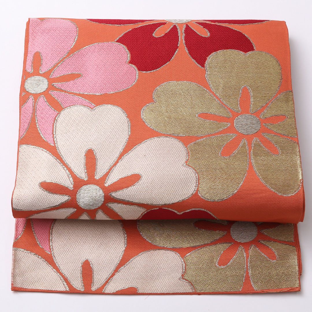 特価！アンティーク 袋帯 帯丈400cm 正絹 六通 桜 ピンク系 朱系 1243-01516 8,386円