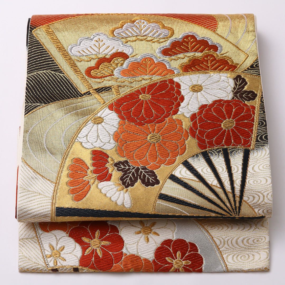 特価！振袖用 袋帯 帯丈432cm 正絹 六通 唐織 扇流し 金系 1243-01550