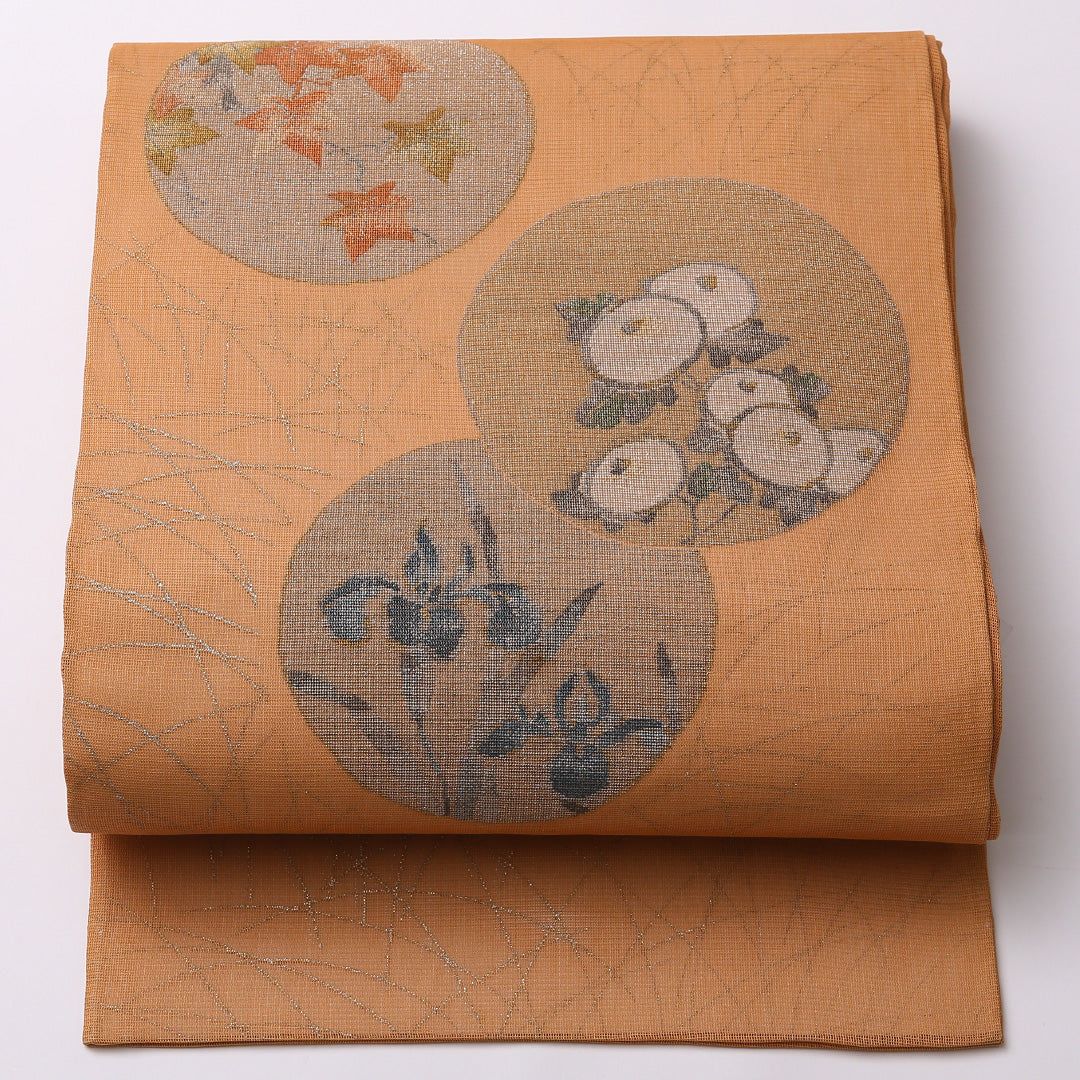 お買い得品！夏物 袋帯 帯丈464cm 正絹 ポイント柄 インフォーマル 琳派 丸文 杜若 椿 朱系 1243-01552