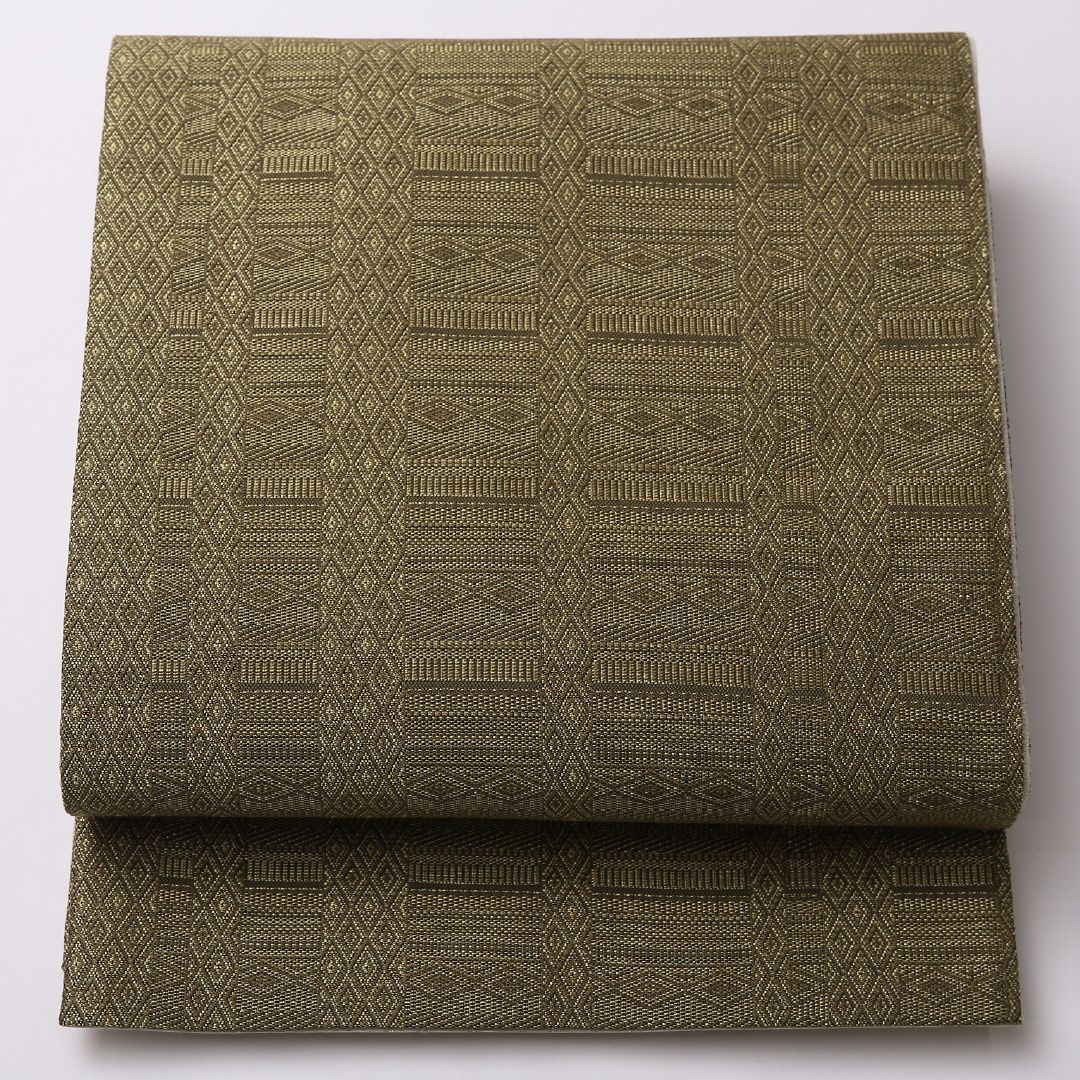 特価！未使用品 袋帯 帯丈444cm 正絹 全通 インフォーマル 間道 茶系 緑系 1243-01597