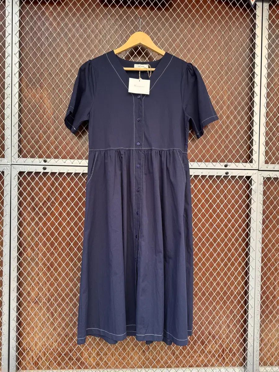 THE OPEN ザオープン ネイビー スティッチ オーバーサイズ Vネック ロング ワンピース 新品 F